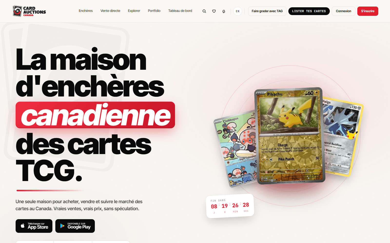 Interface de Card Auctions Canada, en production